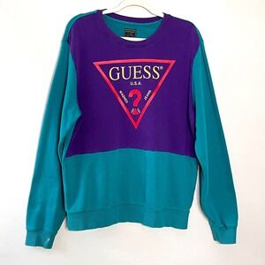 GUESS Jeans Crew Neck Sweater Unisex L Colorblock Big Logo‎ Retro 90s Pullover